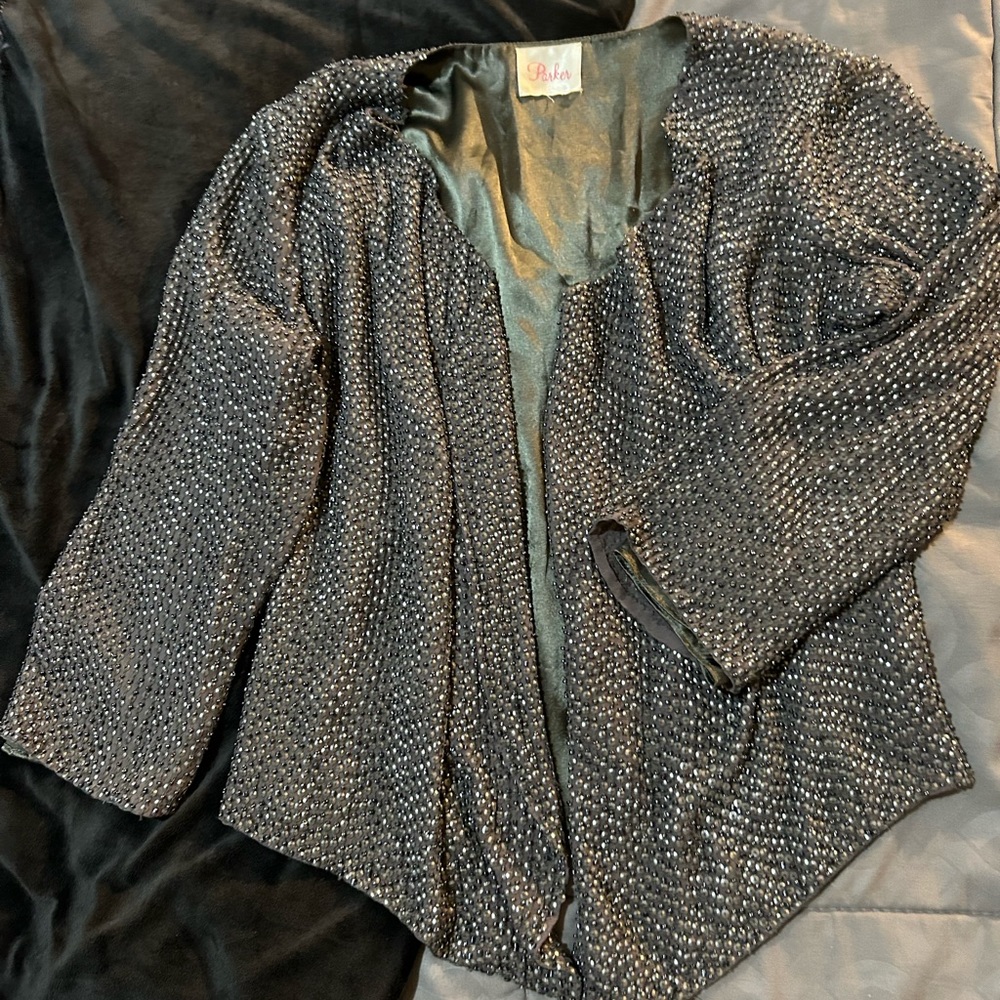 parker silk$ beaded open front jacket
